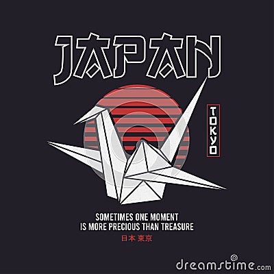 Tokyo, Japan t-shirt design with origami paper crane bird and sun. Tee shirt graphics print with origami and slogan Vector Illustration